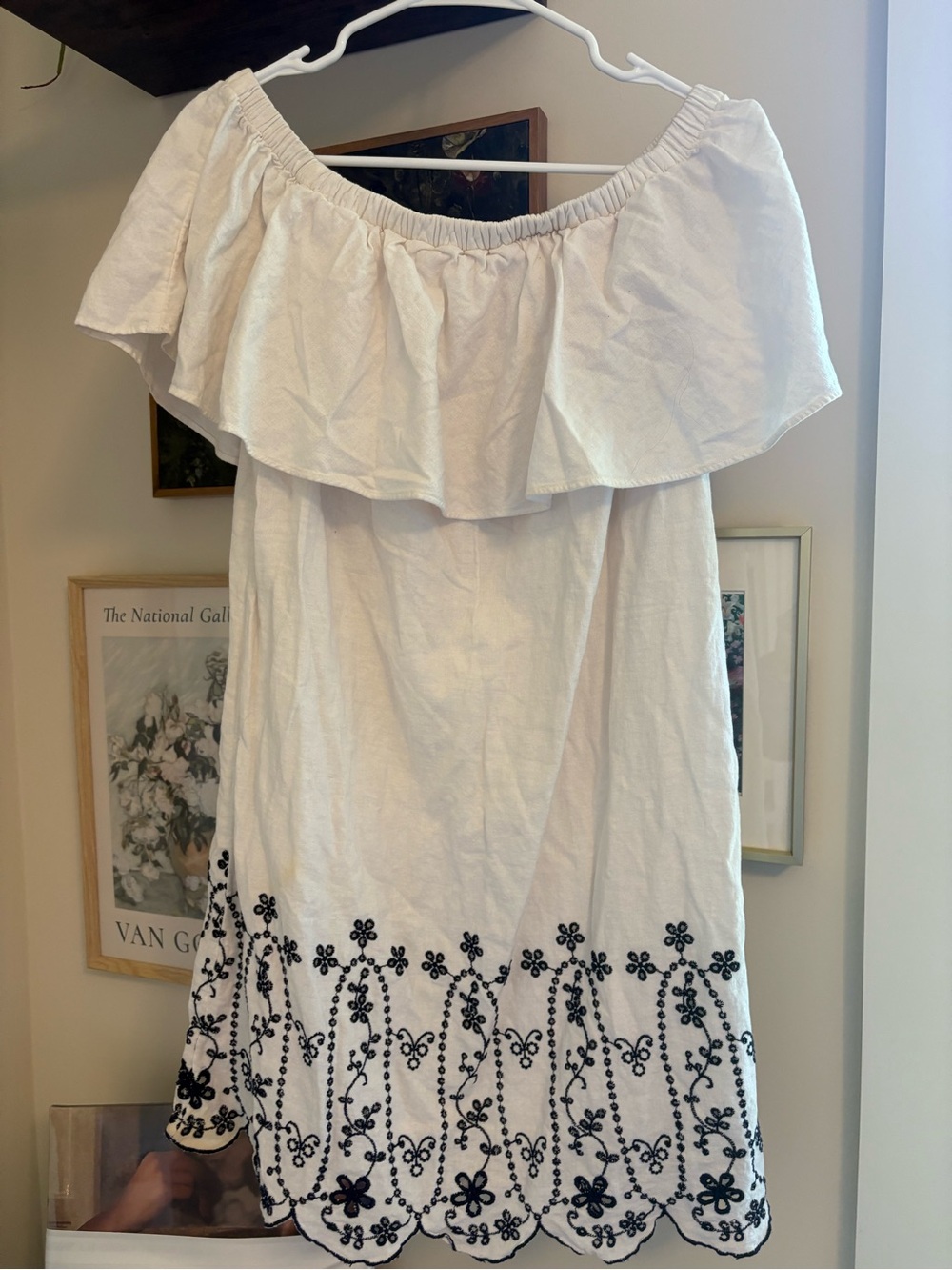 Old Navy White Off-Shoulder Dress with Black Embroidered Hem